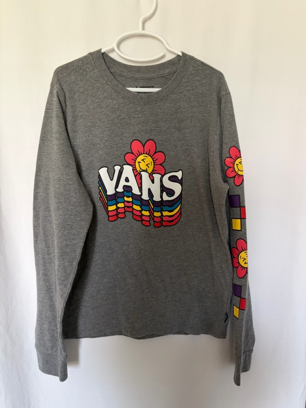 Vans Gray Long Sleeve Tee with Colorful Retro Logo and Floral Sleeve - EUC